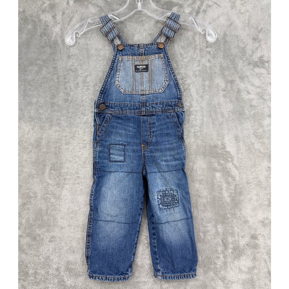 Vintage OshKosh Overalls Toddler Size 2T Flannel Lined Patchwork Denim Logo Blue